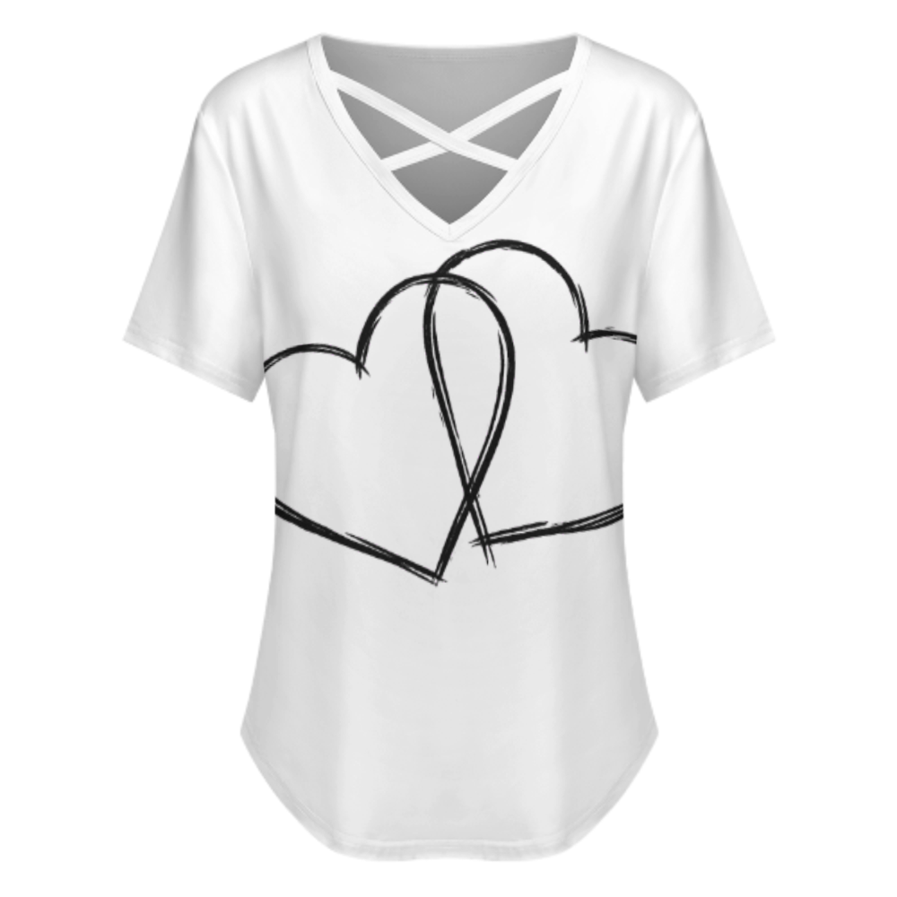 Minimalist Double Heart Line Art T-Shirt – Modern Love Graphic Casual Tee for Women(z337)
