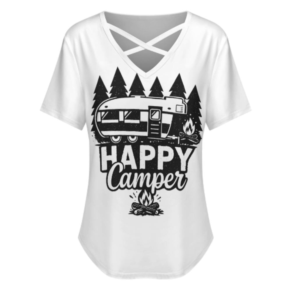 Happy Camper Retro Camping Graphic T-Shirt – Vintage Outdoor Adventure Tee for Women(z335)