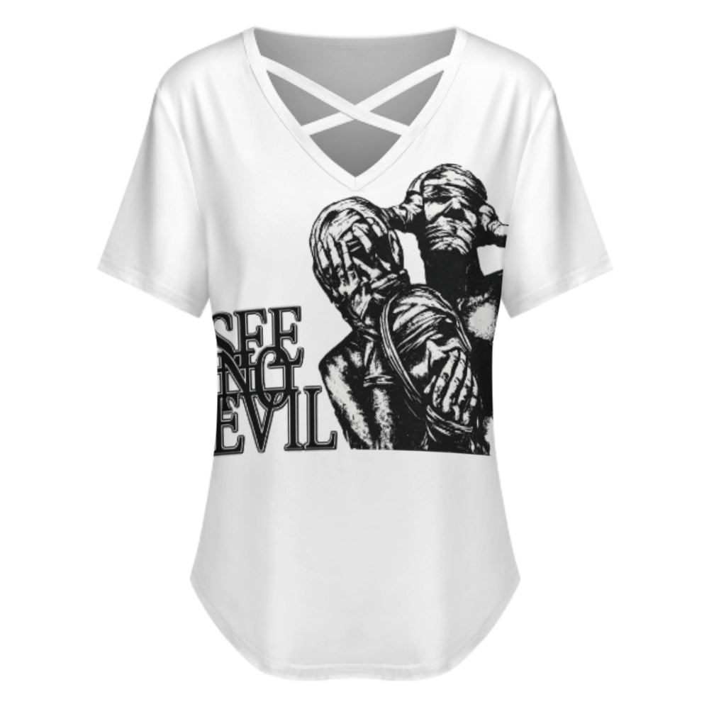 See No Evil Gothic Graphic T-Shirt – Dark Aesthetic Horror Streetwear Tee for Women(z331)
