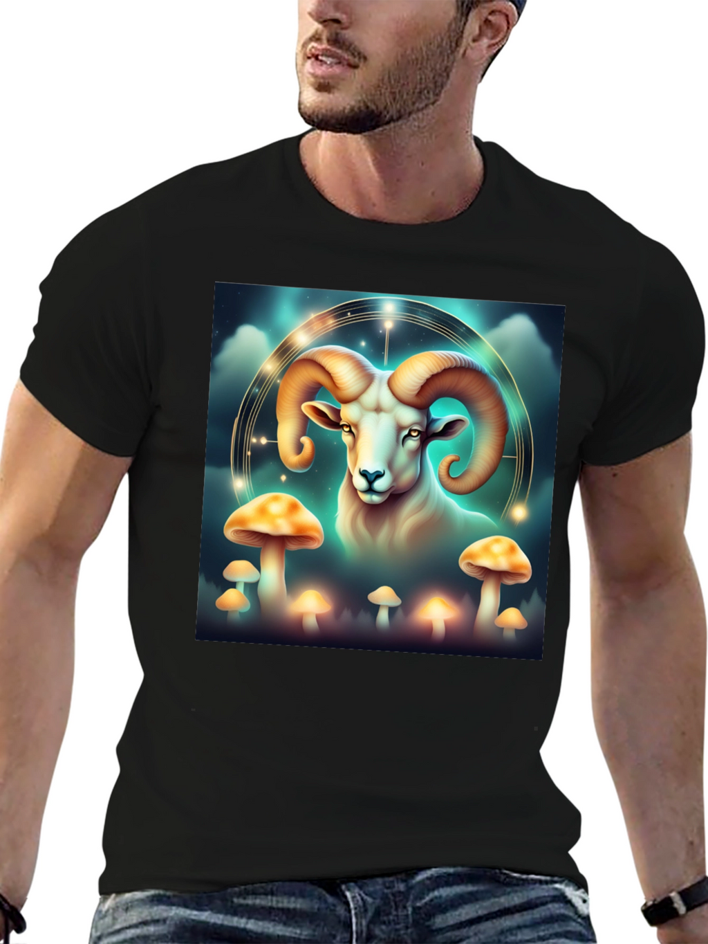 Aries Ram & Mushroom Graphic T-Shirt - Zodiac Tee