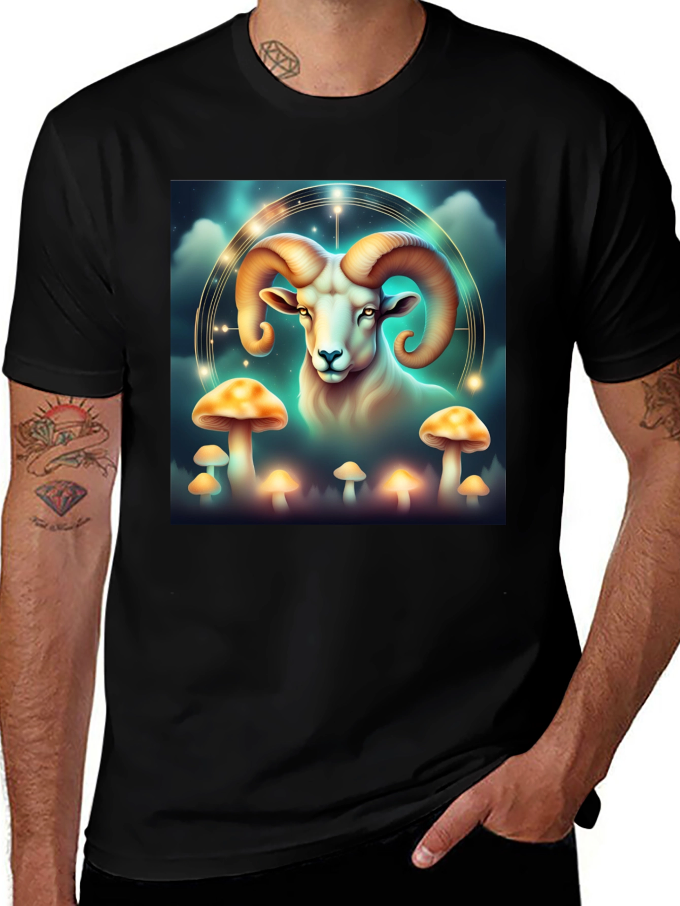 Aries Ram & Mushroom Graphic T-Shirt - Zodiac Tee