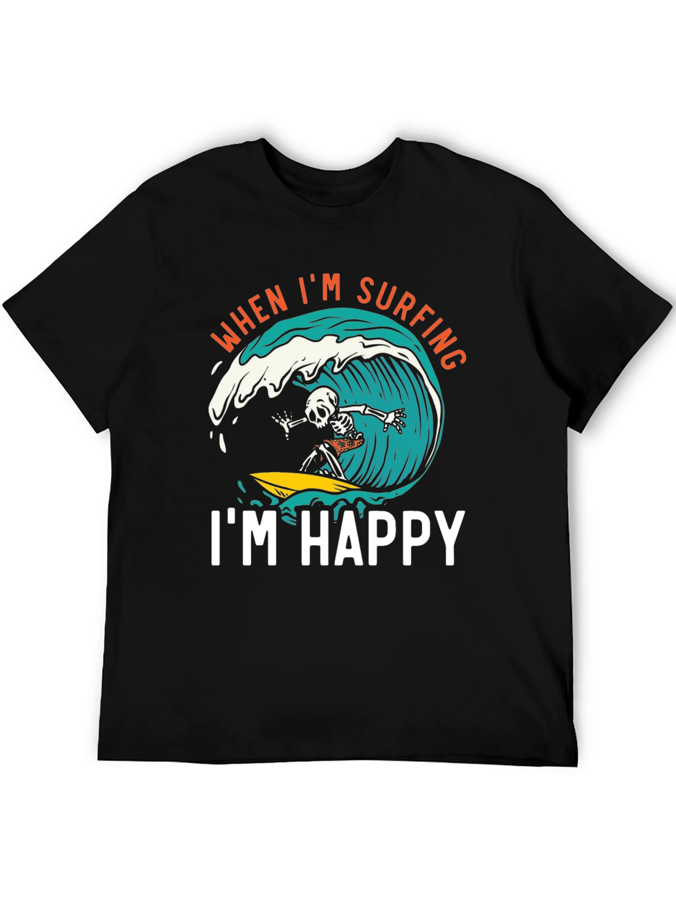 Surfing Skeleton Graphic Tee - When Im Surfing Im Happy Black T-Shirt