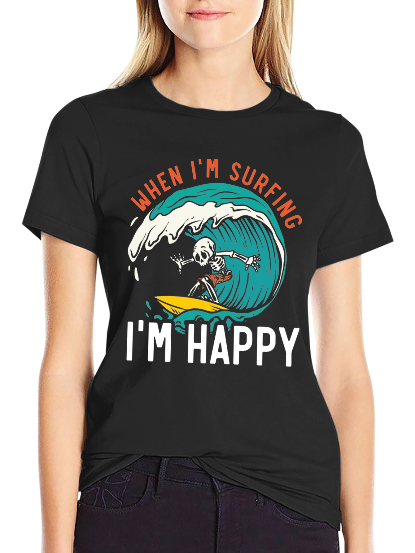Surfing Skeleton Graphic Tee - When Im Surfing Im Happy Black T-Shirt
