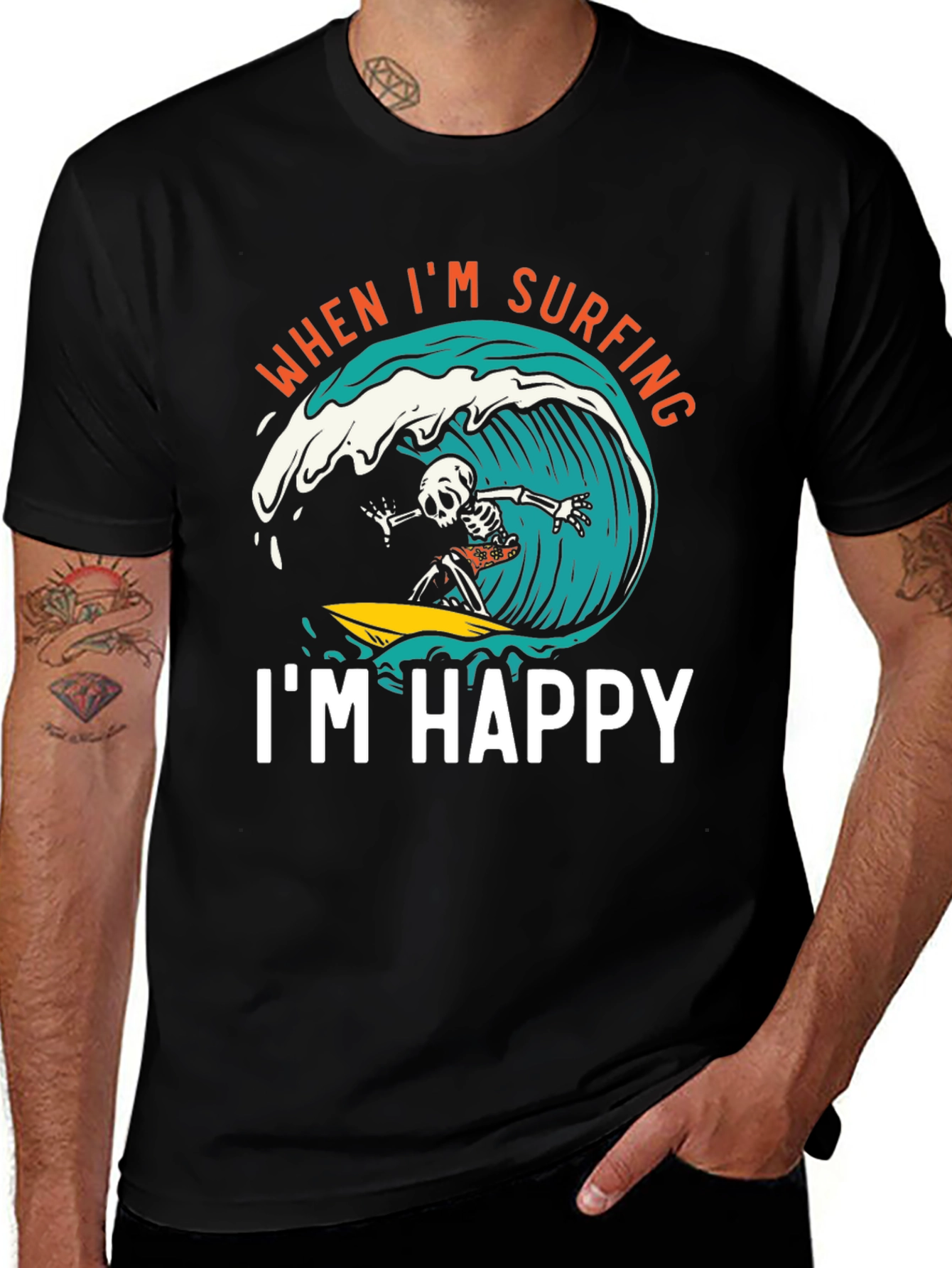 Surfing Skeleton Graphic Tee - When Im Surfing Im Happy Black T-Shirt