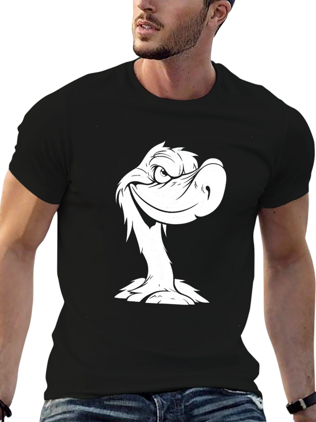 Black T-Shirt with White Cartoon Duck Design