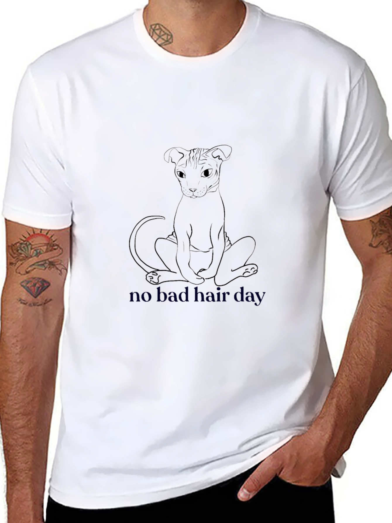 Mens Black T-Shirt - No Bad Hair Day Sphynx Cat Design