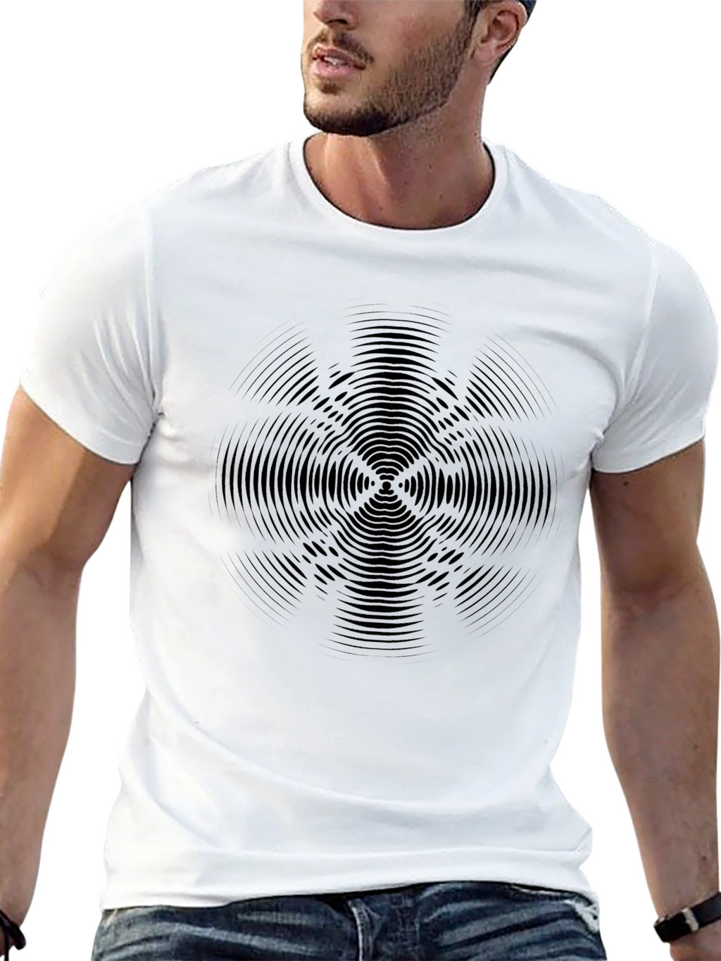 Black Geometric Ripple Design Tee - Modern Graphic T-Shirt