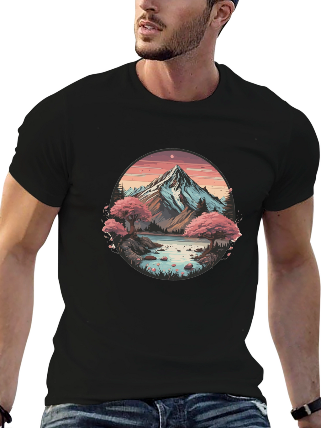 Mountain Lake Scene Graphic Tee - Black Casual Shirt