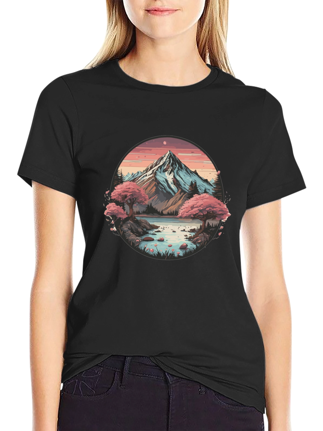 Mountain Lake Scene Graphic Tee - Black Casual Shirt