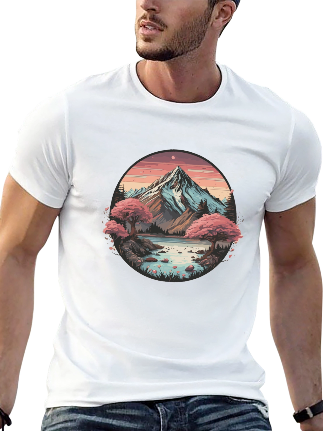 Mountain Lake Scene Graphic Tee - Black Casual Shirt