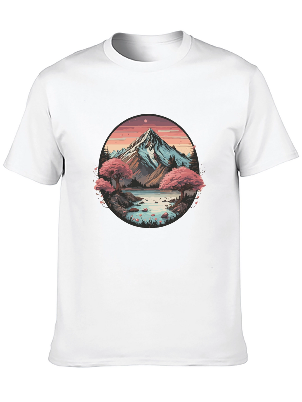 Mountain Lake Scene Graphic Tee - Black Casual Shirt
