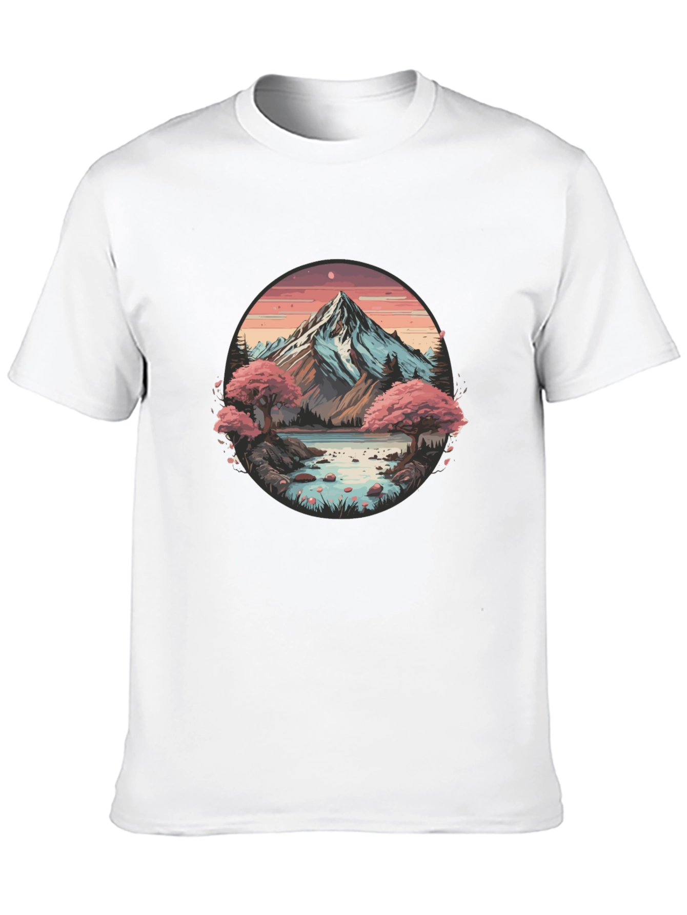 Mountain Lake Scene Graphic Tee - Black Casual Shirt