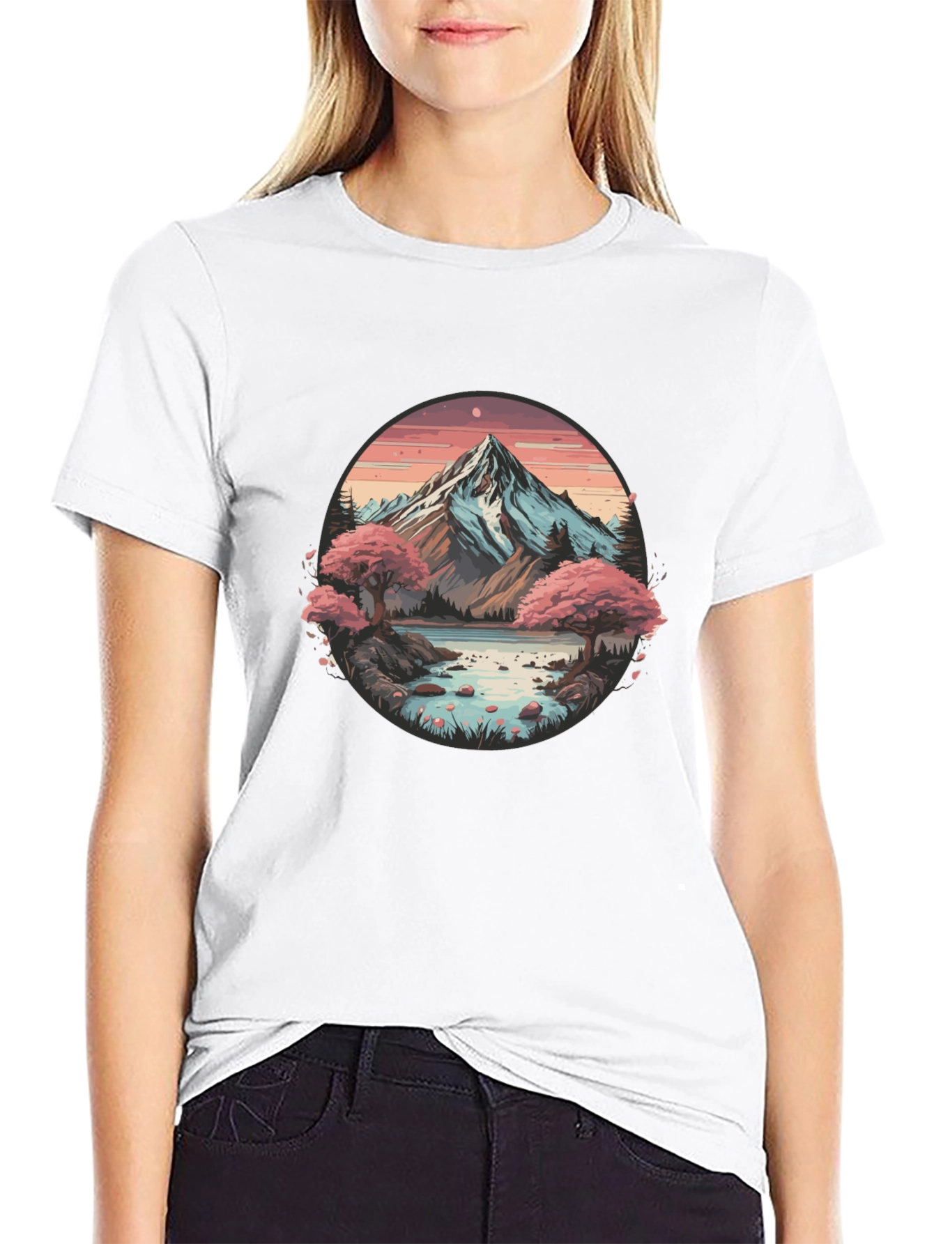 Mountain Lake Scene Graphic Tee - Black Casual Shirt