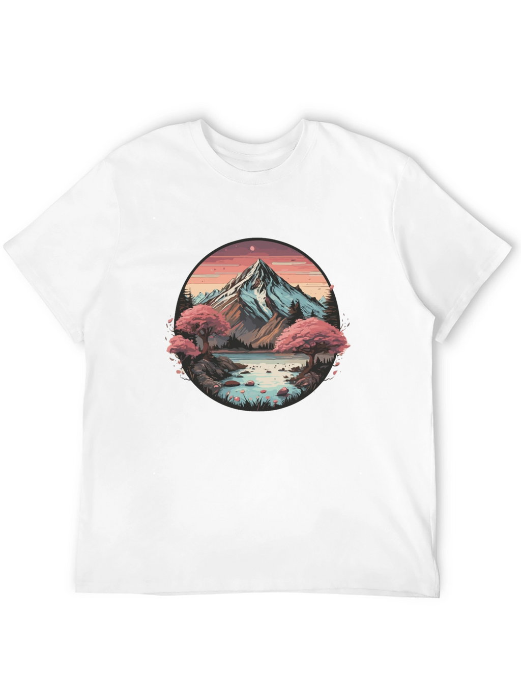 Mountain Lake Scene Graphic Tee - Black Casual Shirt