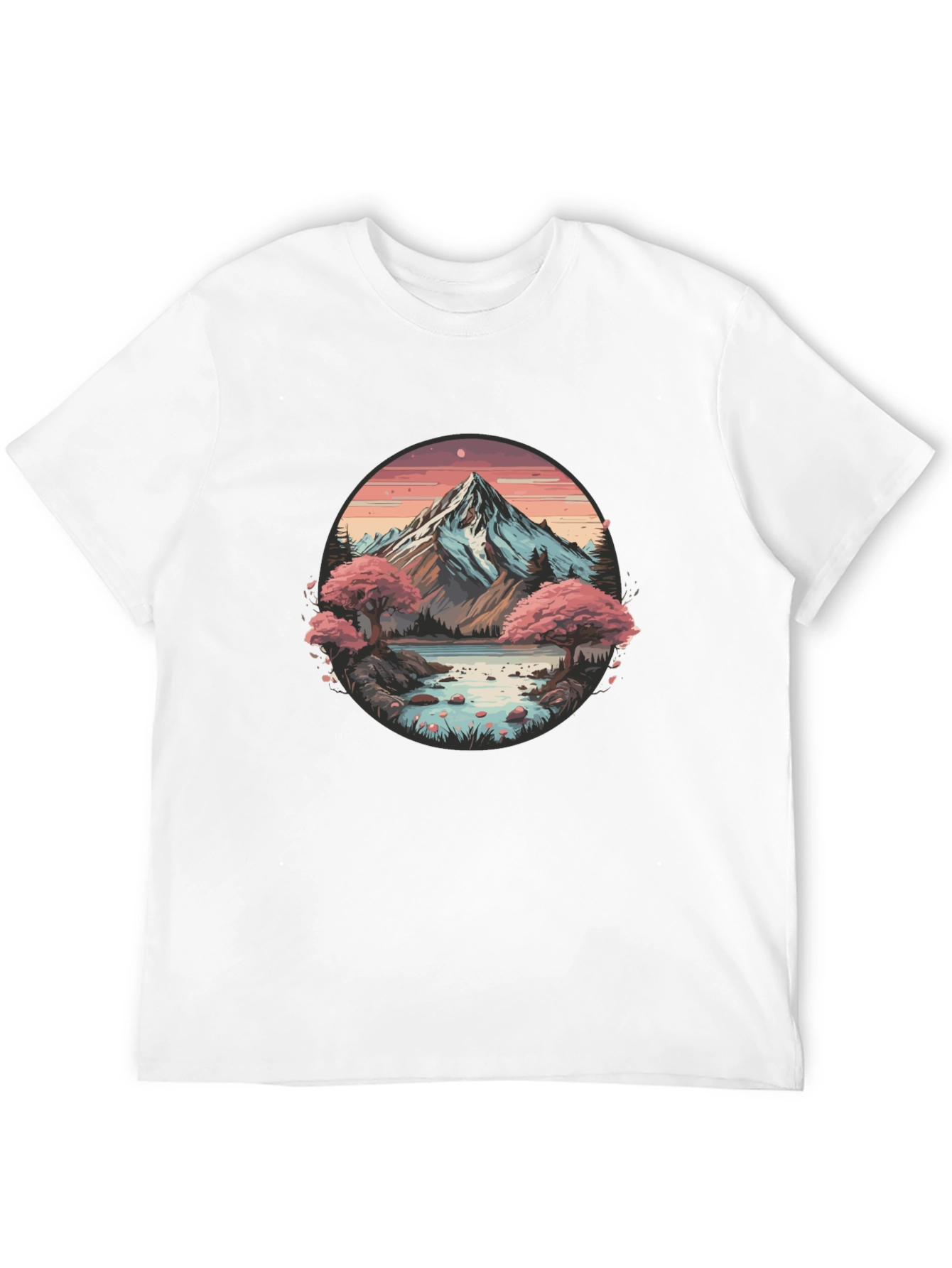 Mountain Lake Scene Graphic Tee - Black Casual Shirt