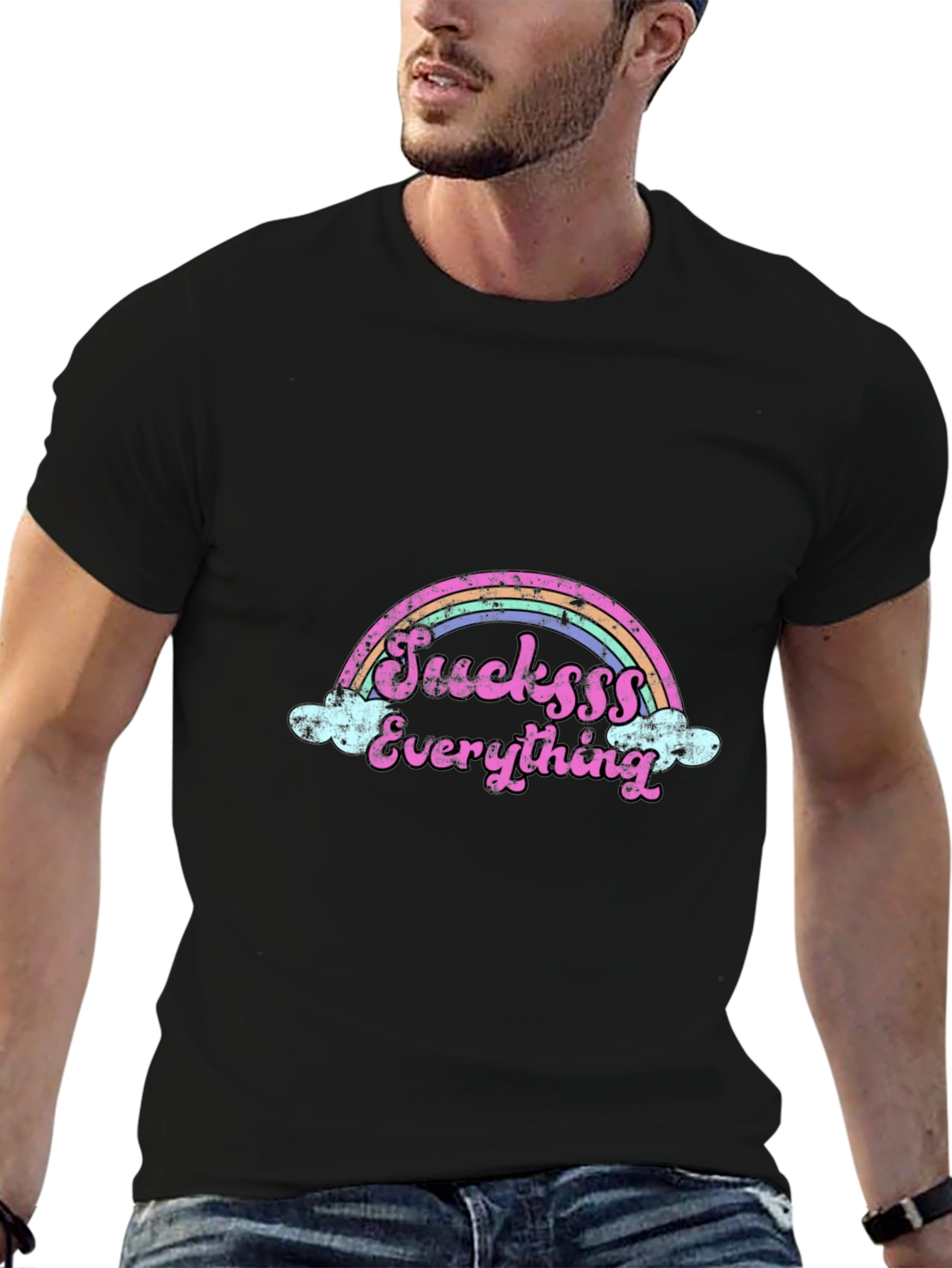 Sucksss Everything Rainbow Graphic Black T-Shirt