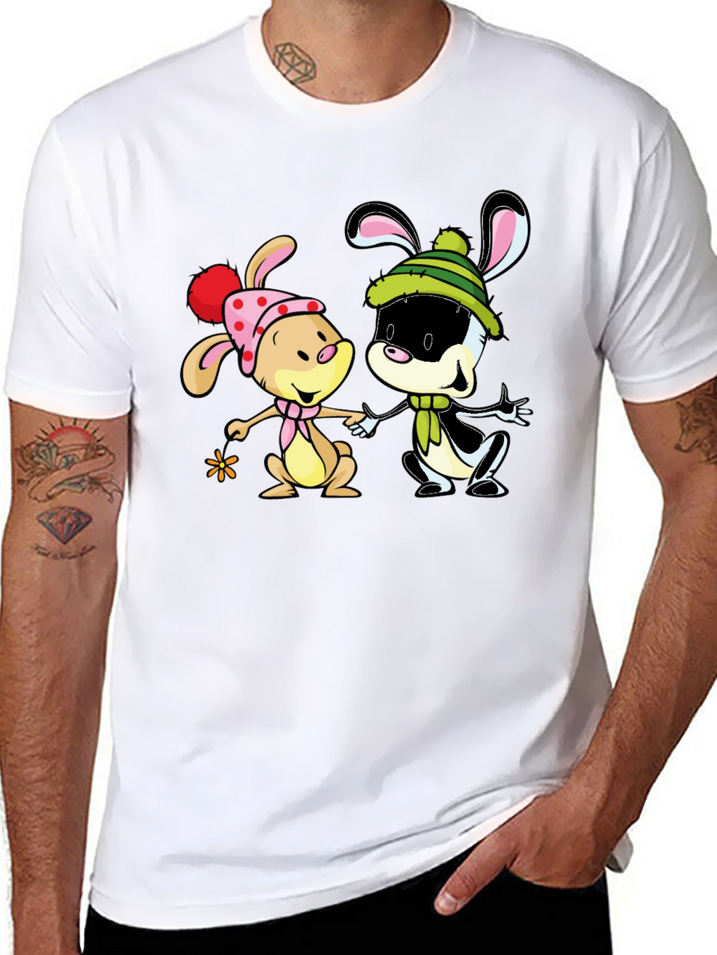 Cartoon Bunny Graphic Print Black T-Shirt