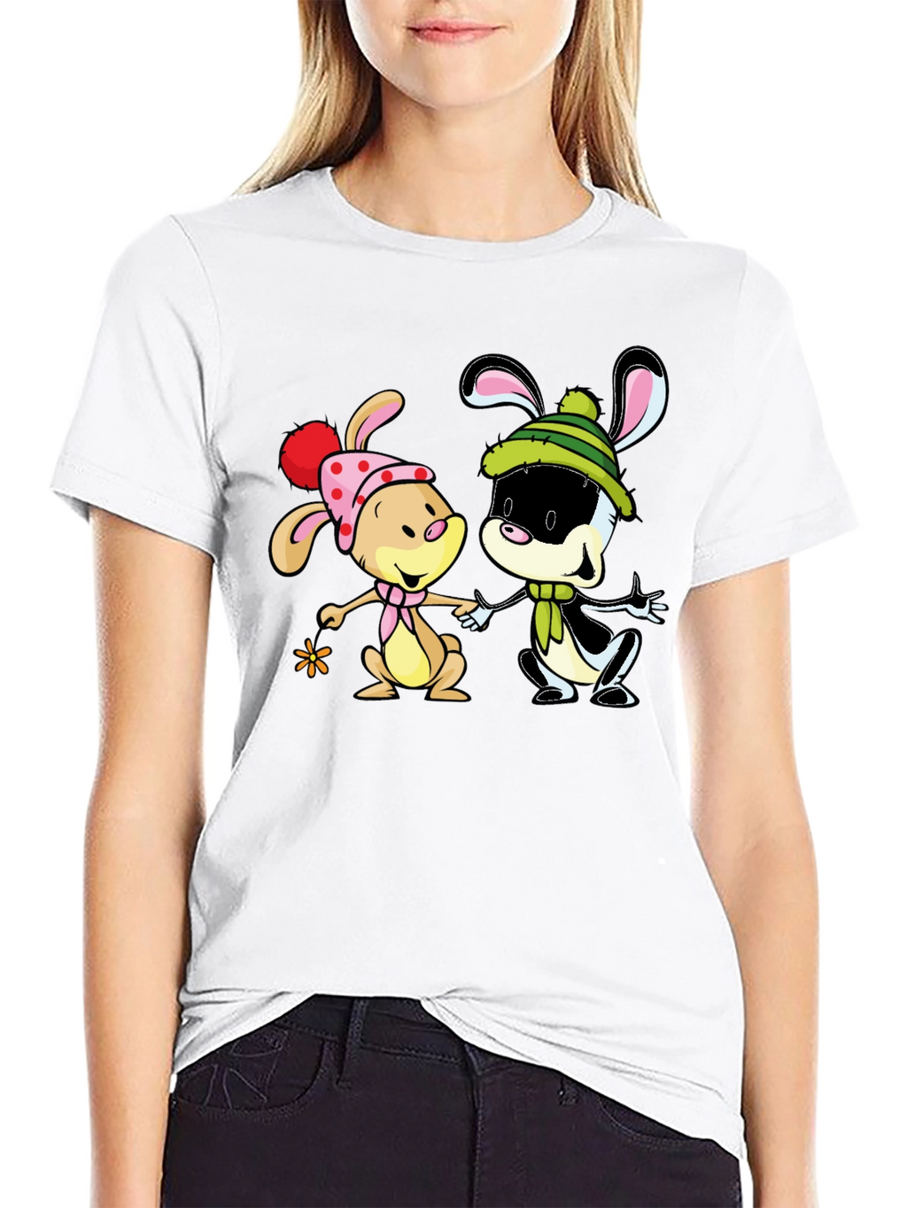 Cartoon Bunny Graphic Print Black T-Shirt
