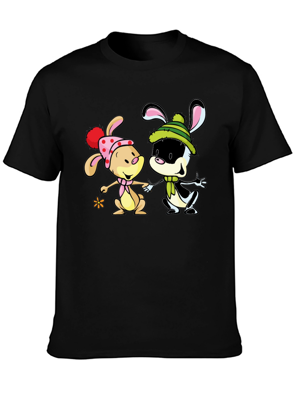 Cartoon Bunny Graphic Print Black T-Shirt