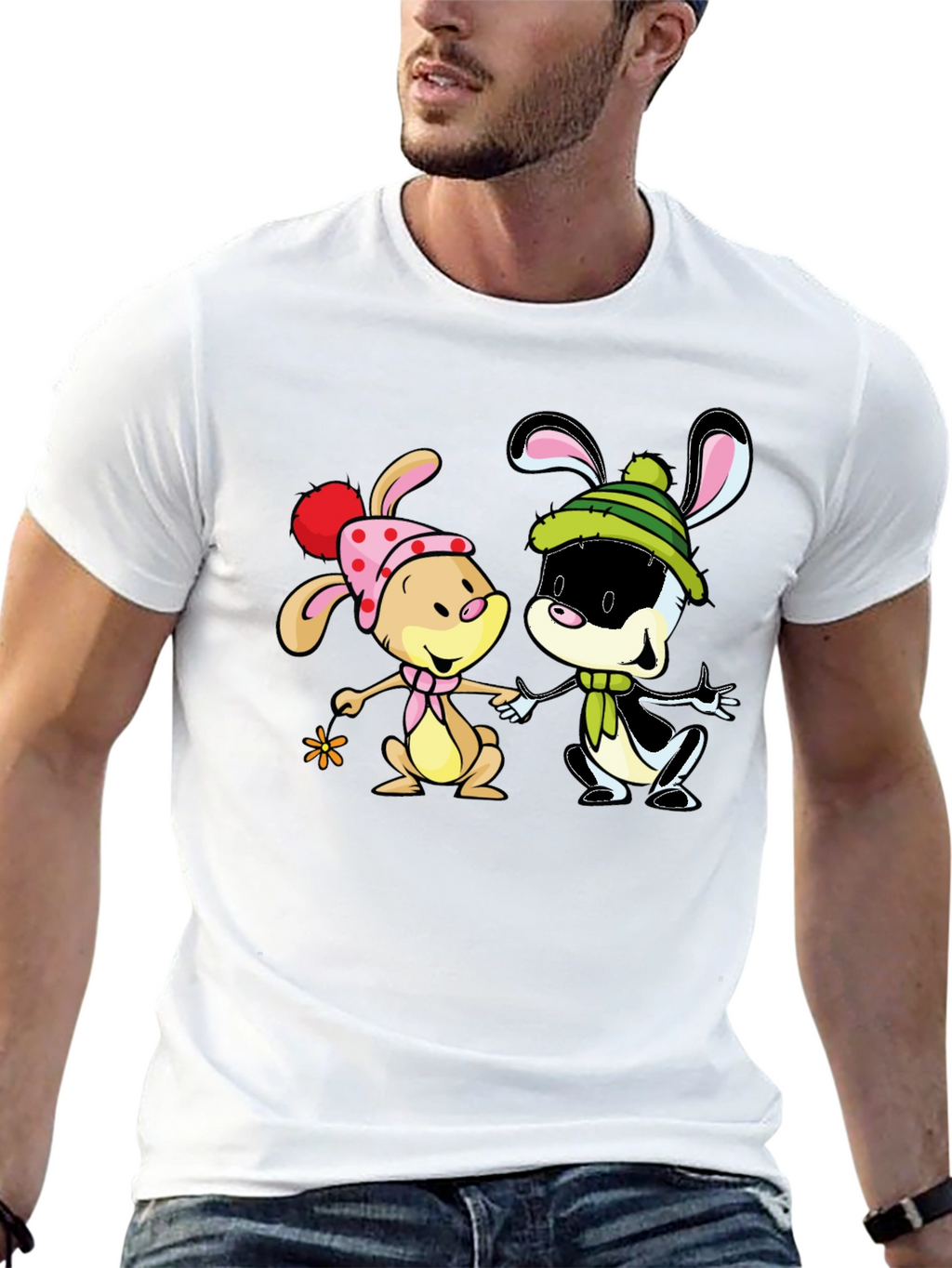 Cartoon Bunny Graphic Print Black T-Shirt