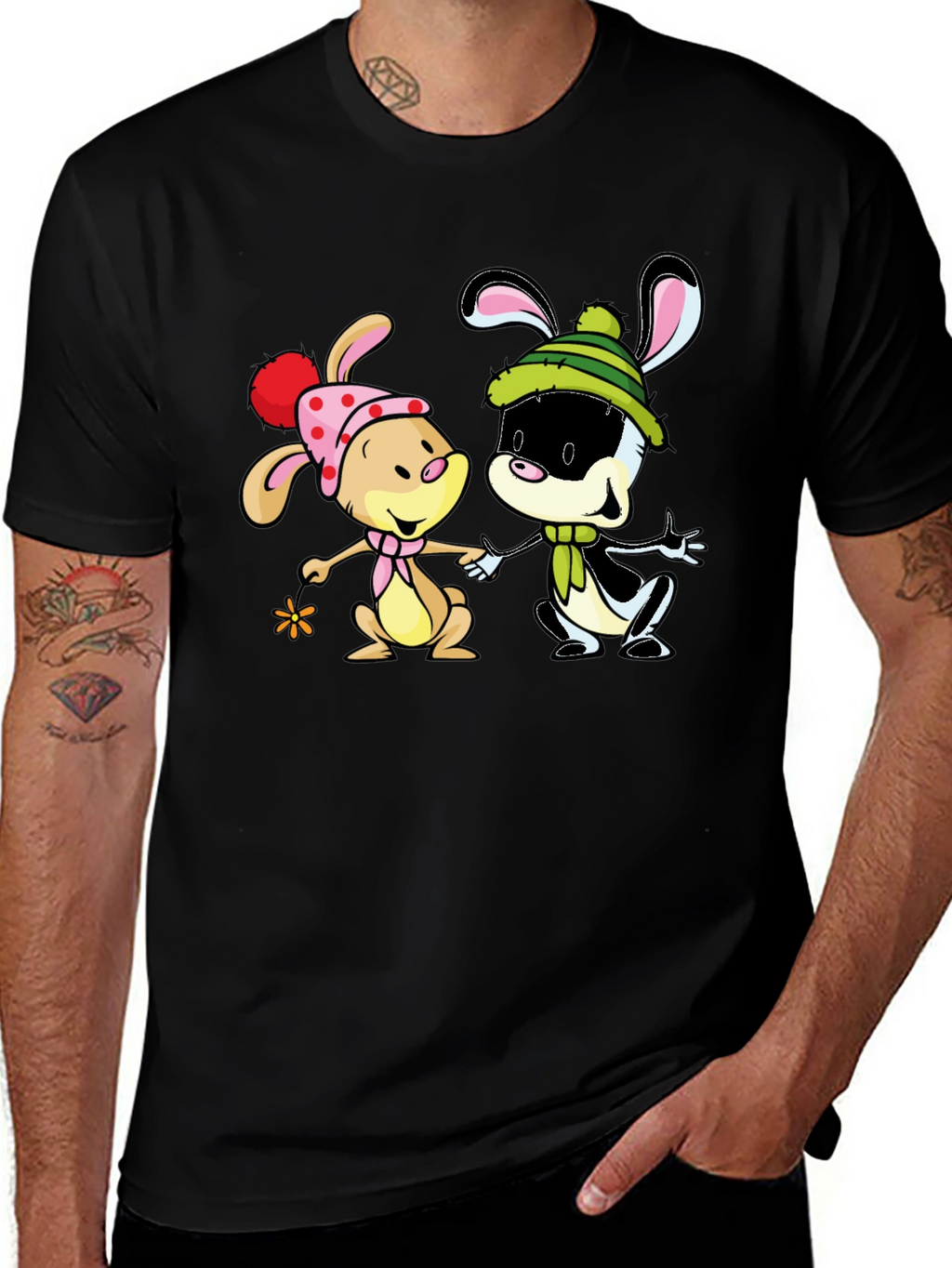 Cartoon Bunny Graphic Print Black T-Shirt