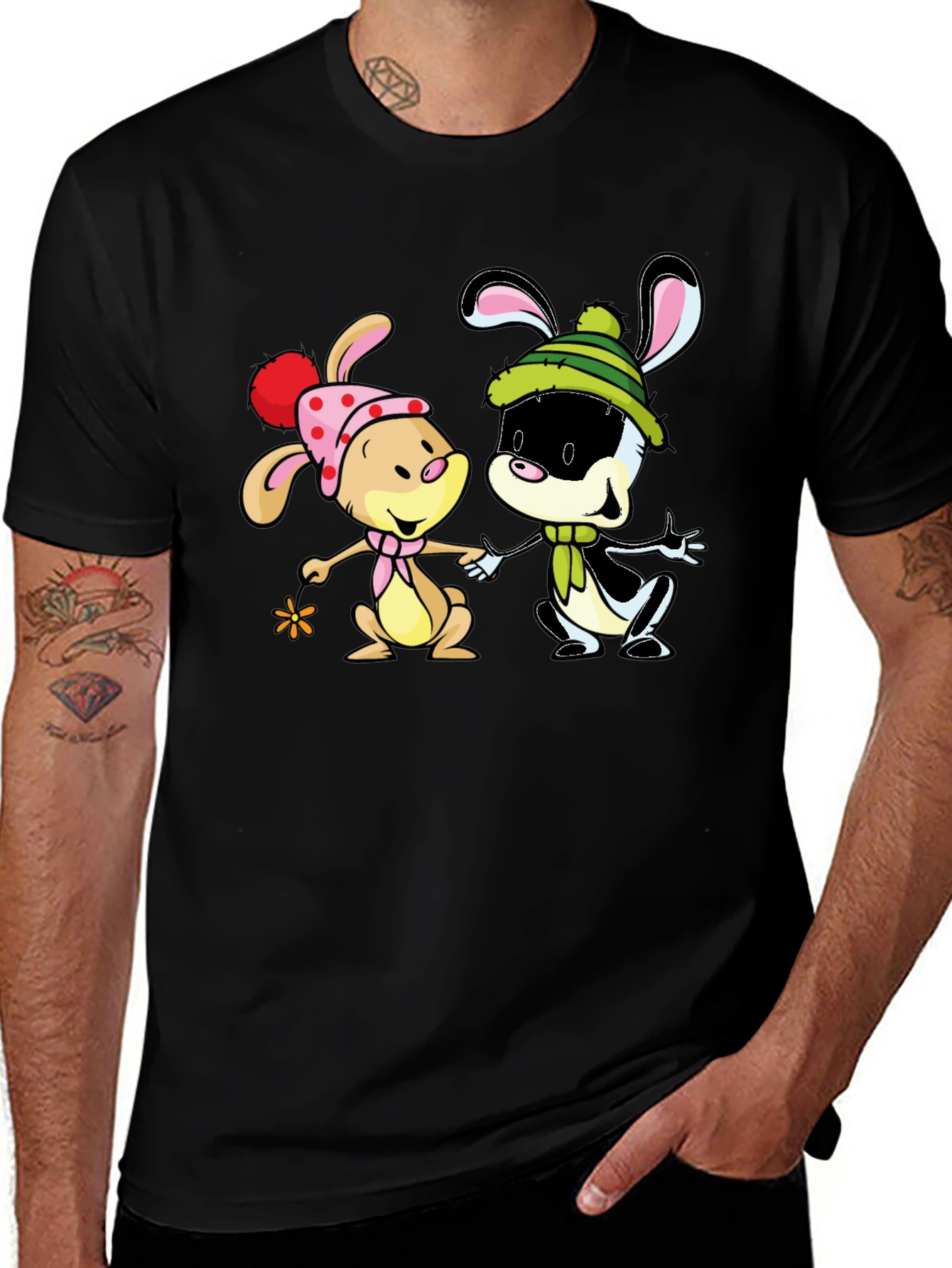Cartoon Bunny Graphic Print Black T-Shirt