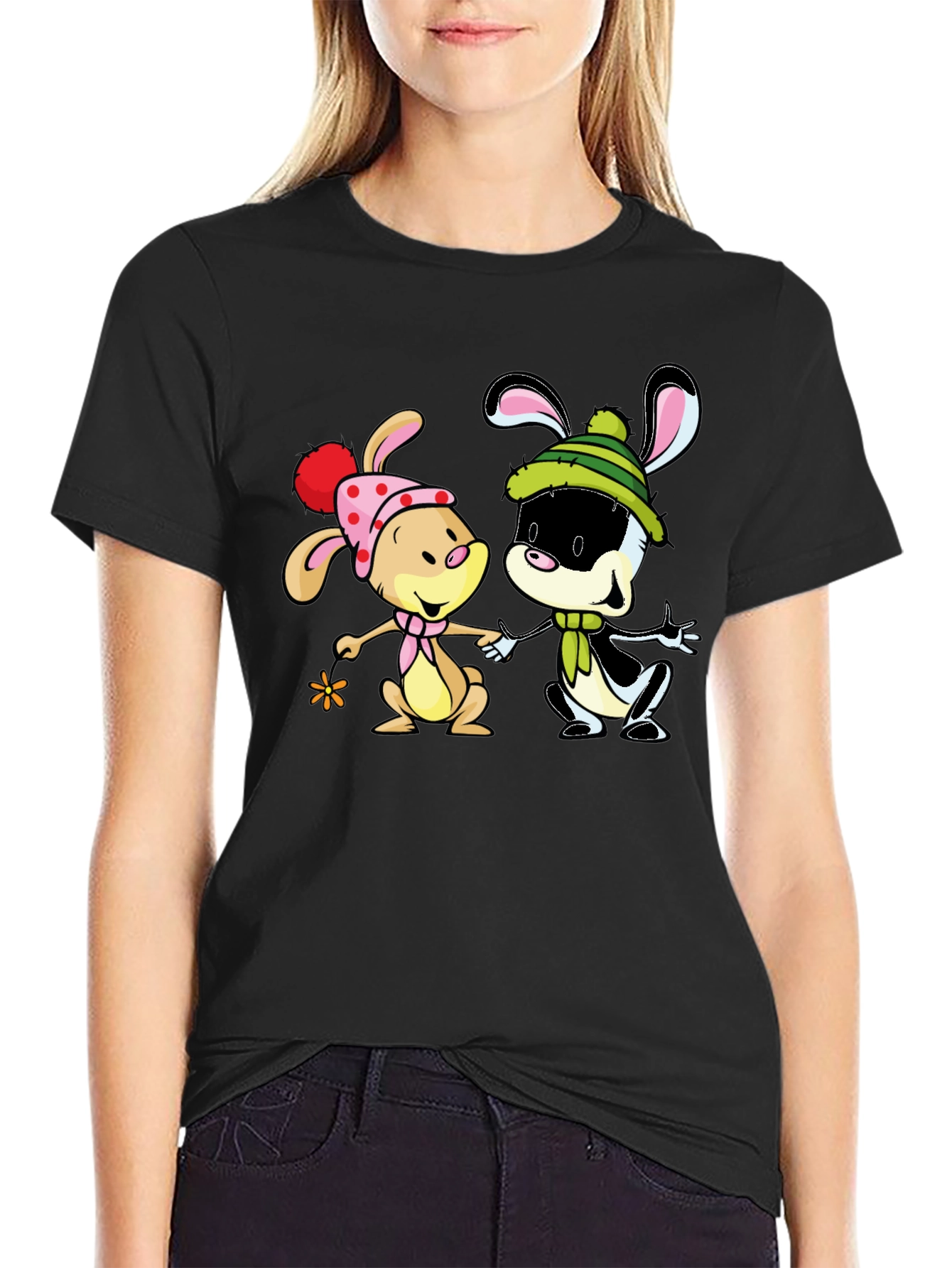 Cartoon Bunny Graphic Print Black T-Shirt