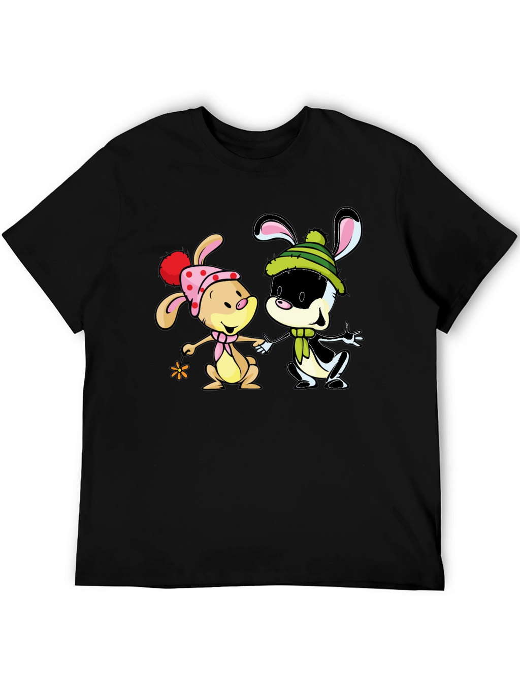 Cartoon Bunny Graphic Print Black T-Shirt