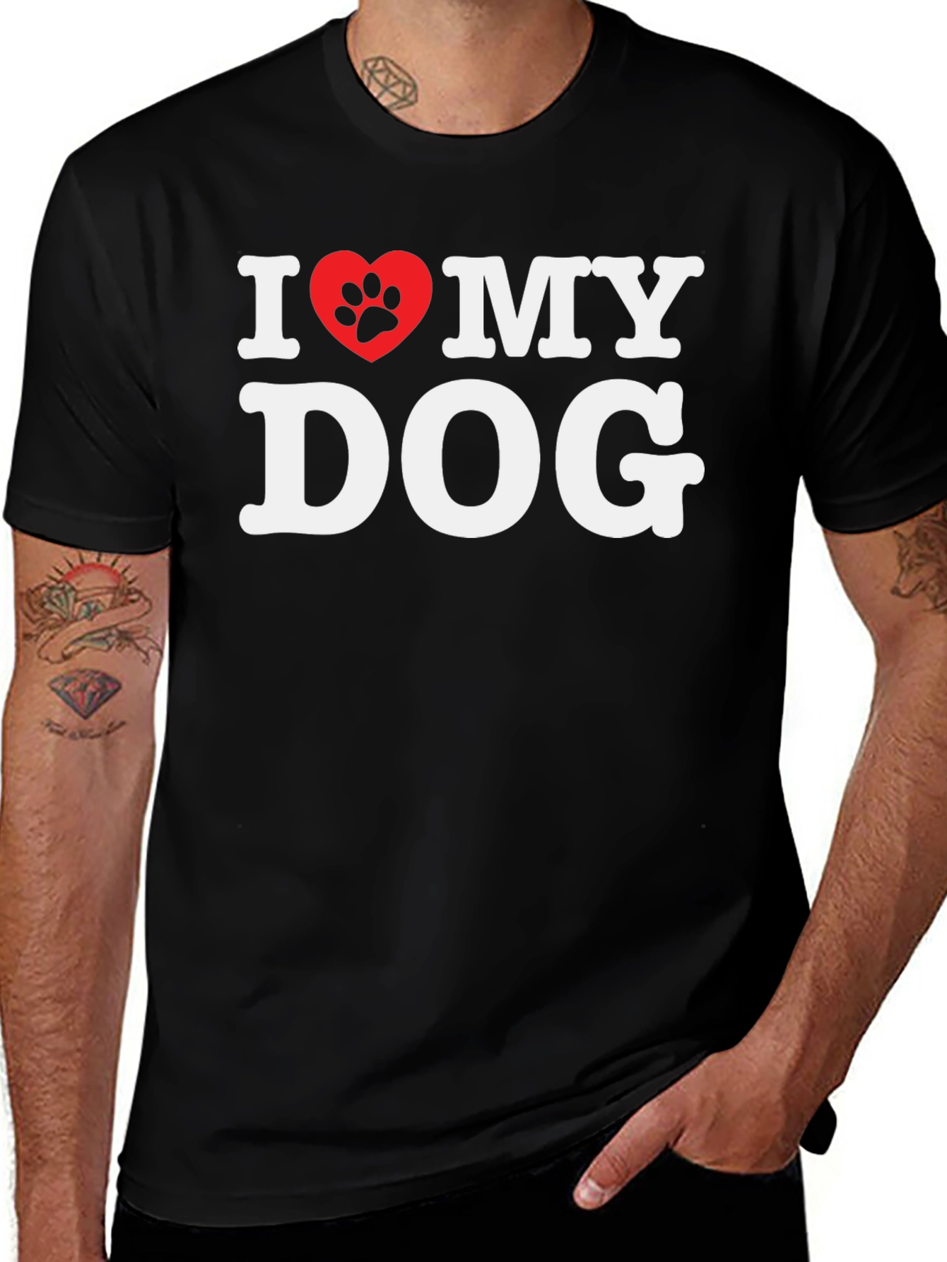 I Love My Dog T-Shirt Paw Print Heart Black Cotton Tee