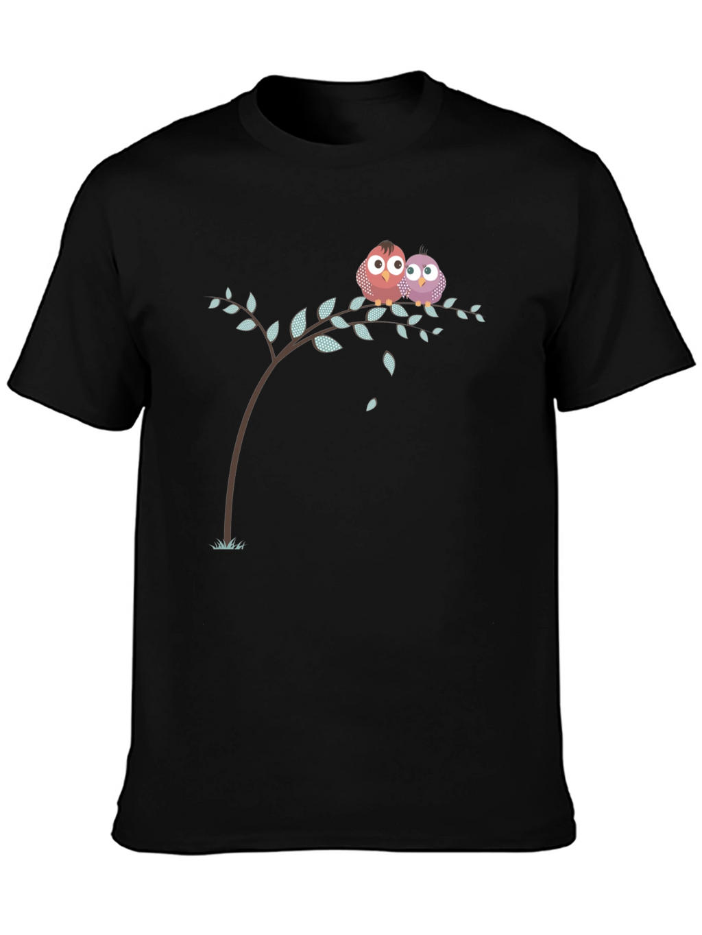 Cute Owl Couple on Branch Black T-Shirt
