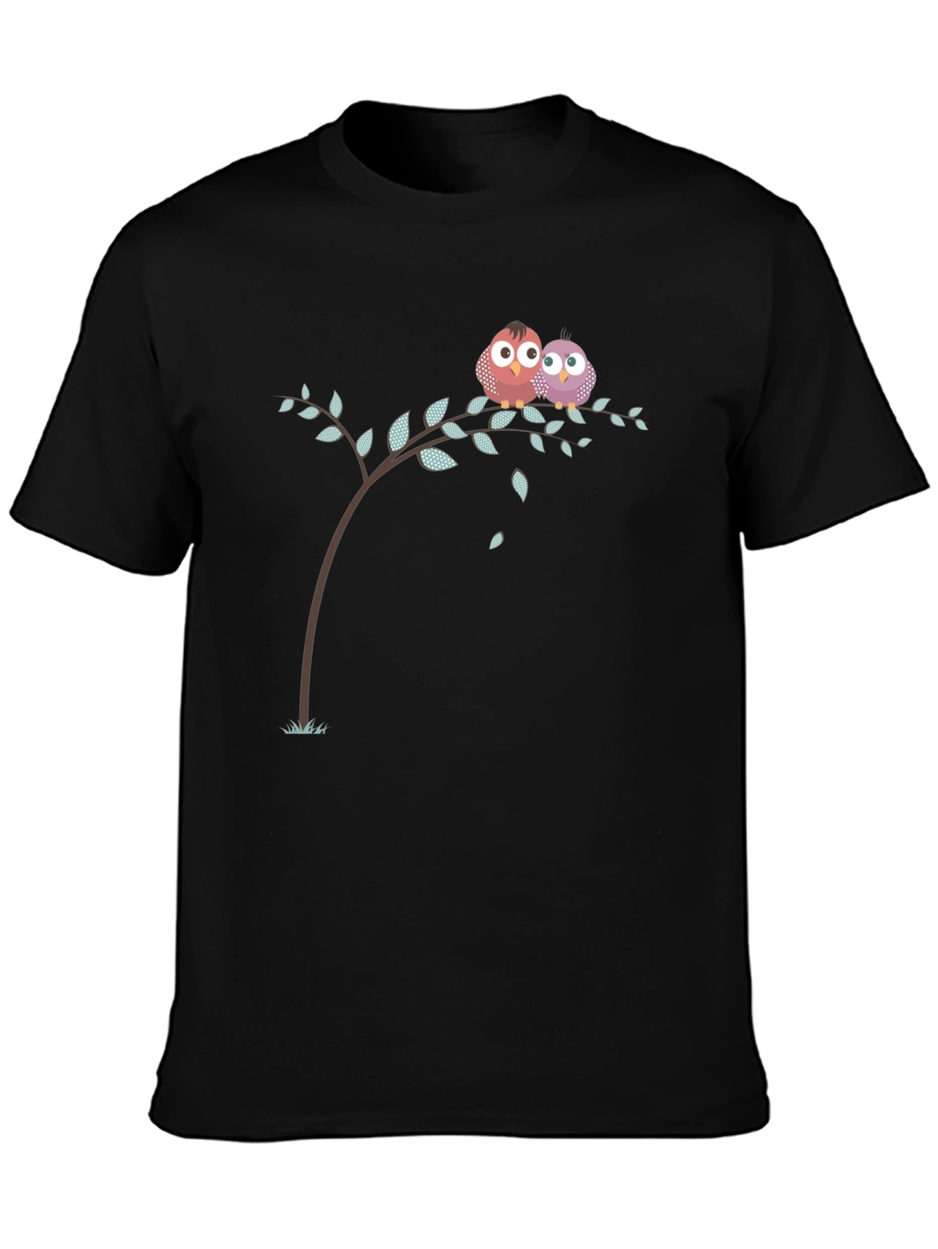 Cute Owl Couple on Branch Black T-Shirt