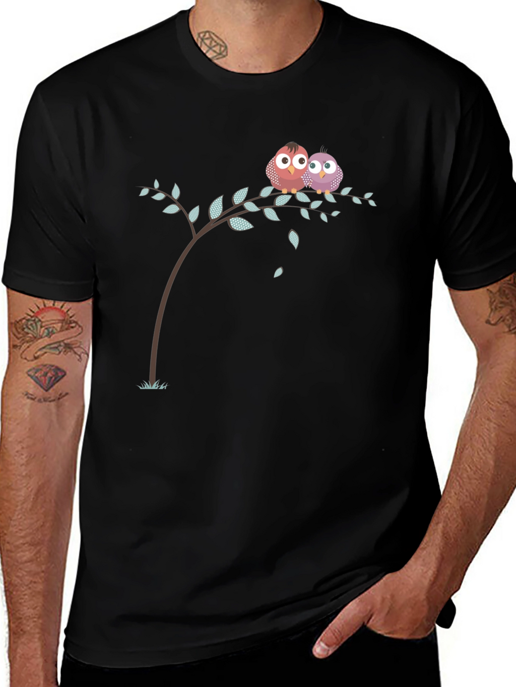 Cute Owl Couple on Branch Black T-Shirt