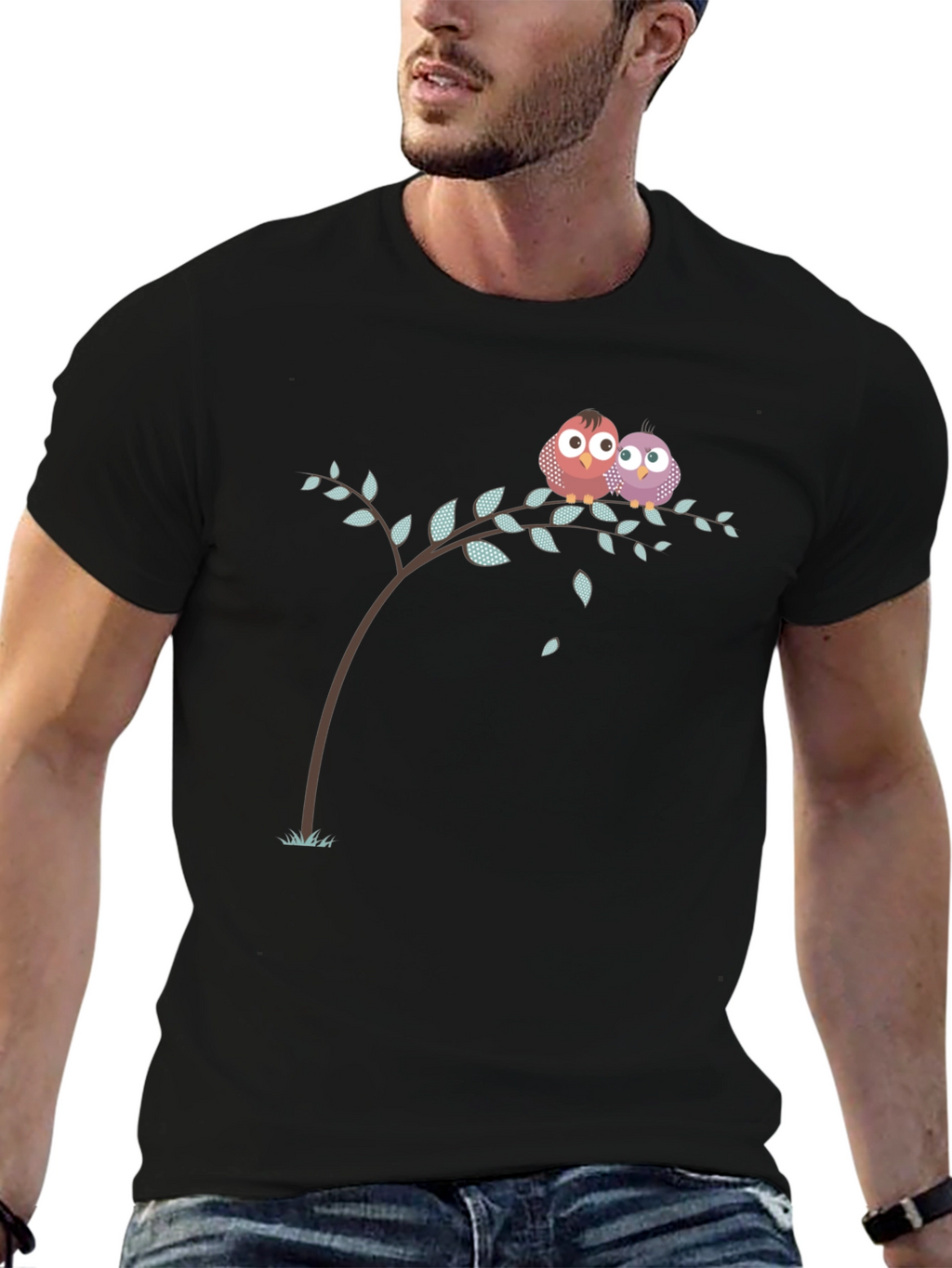 Cute Owl Couple on Branch Black T-Shirt