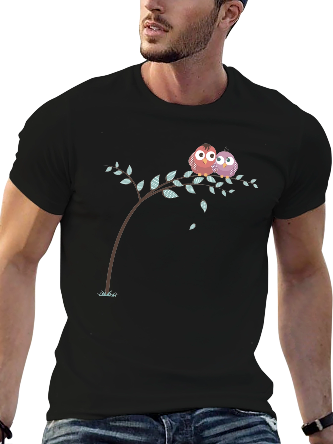Cute Owl Couple on Branch Black T-Shirt