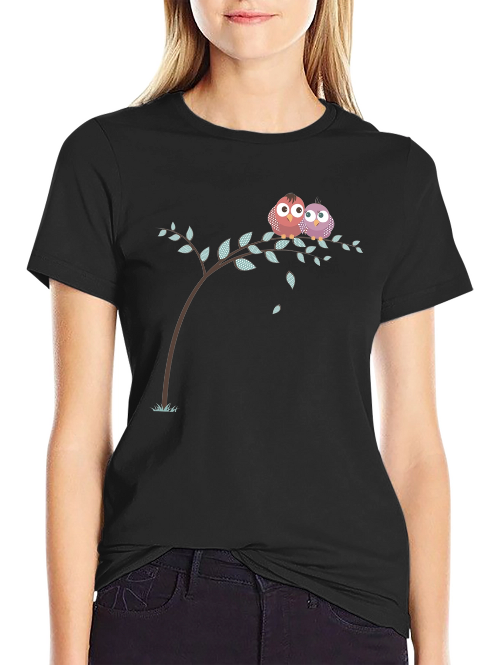 Cute Owl Couple on Branch Black T-Shirt