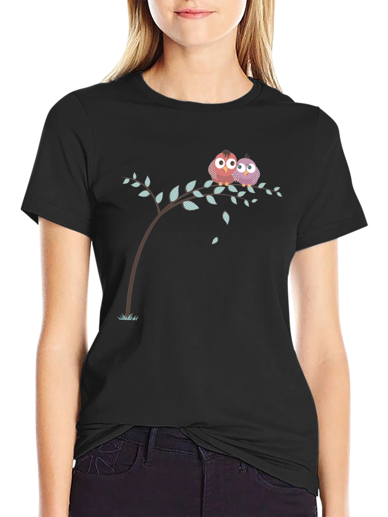 Cute Owl Couple on Branch Black T-Shirt