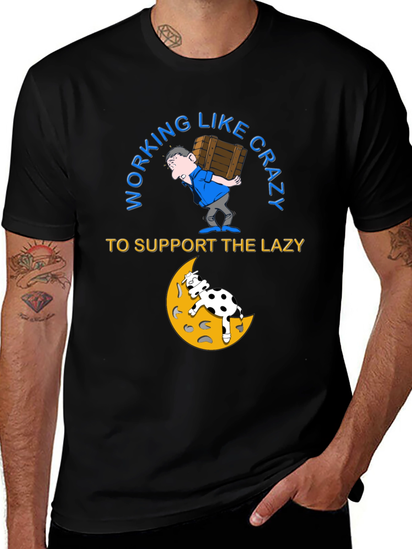 Working Like Crazy T-Shirt - Cow on Moon Graphic
