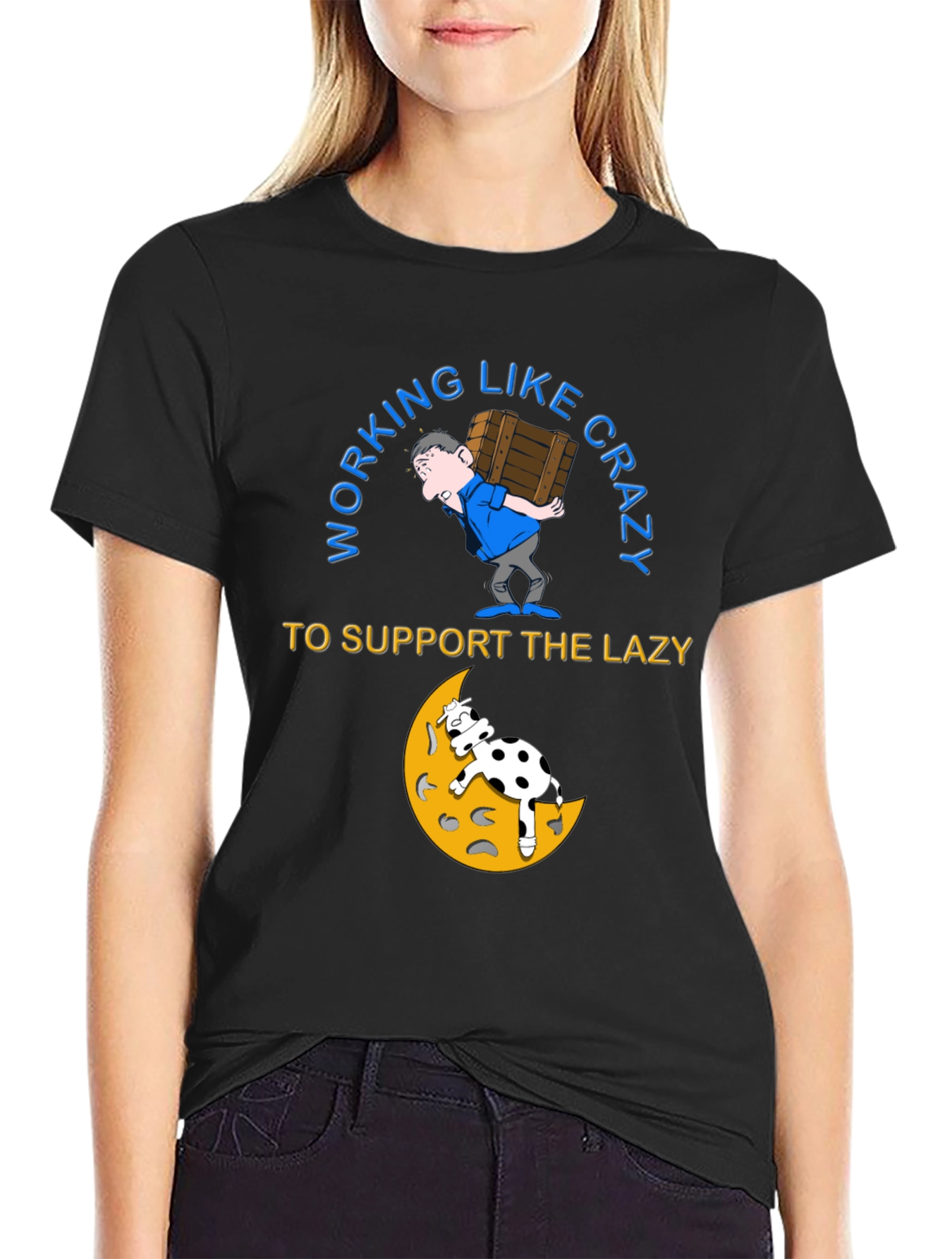 Working Like Crazy T-Shirt - Cow on Moon Graphic