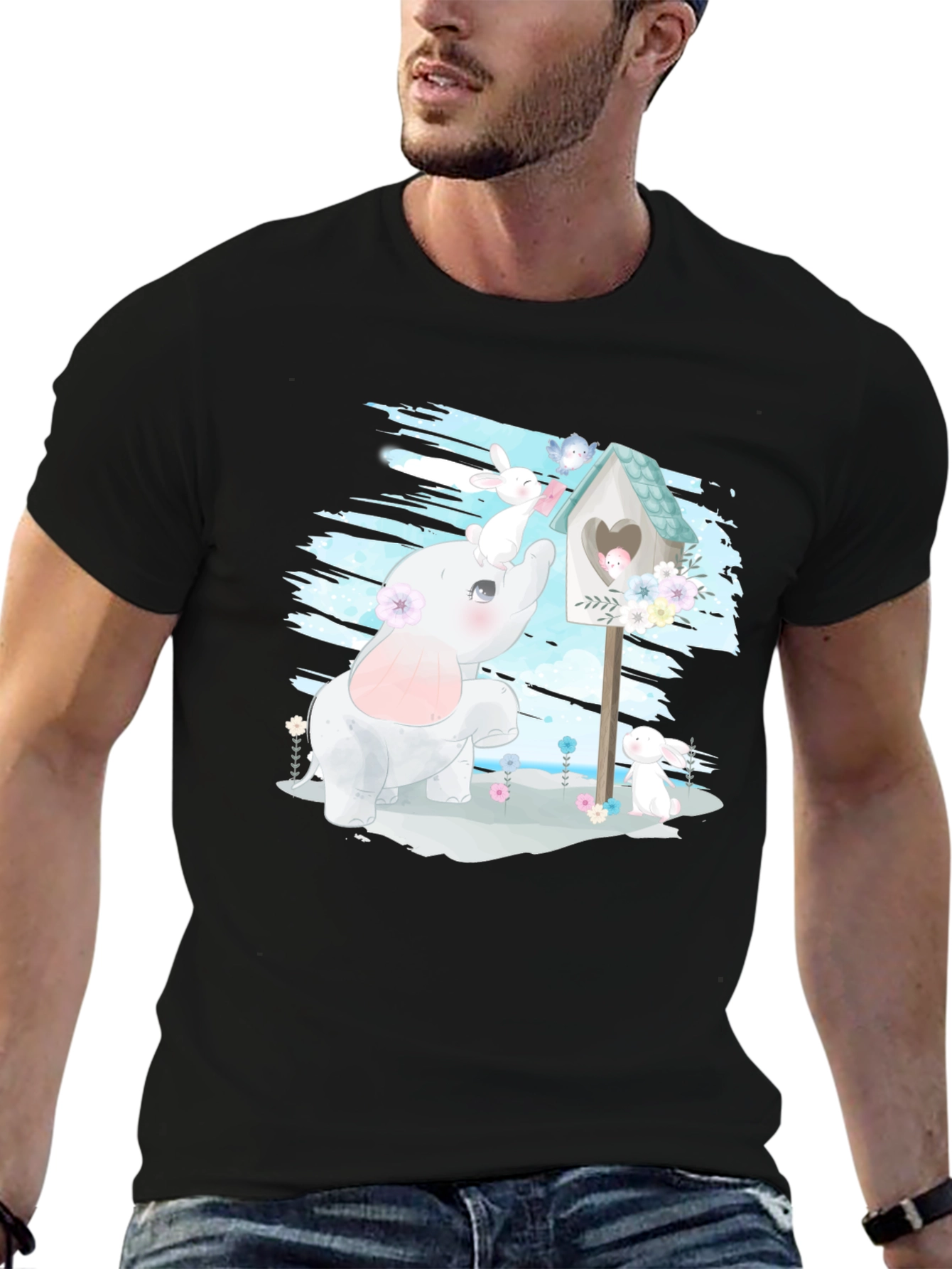Cute Elephant and Bunny Graphic T-Shirt