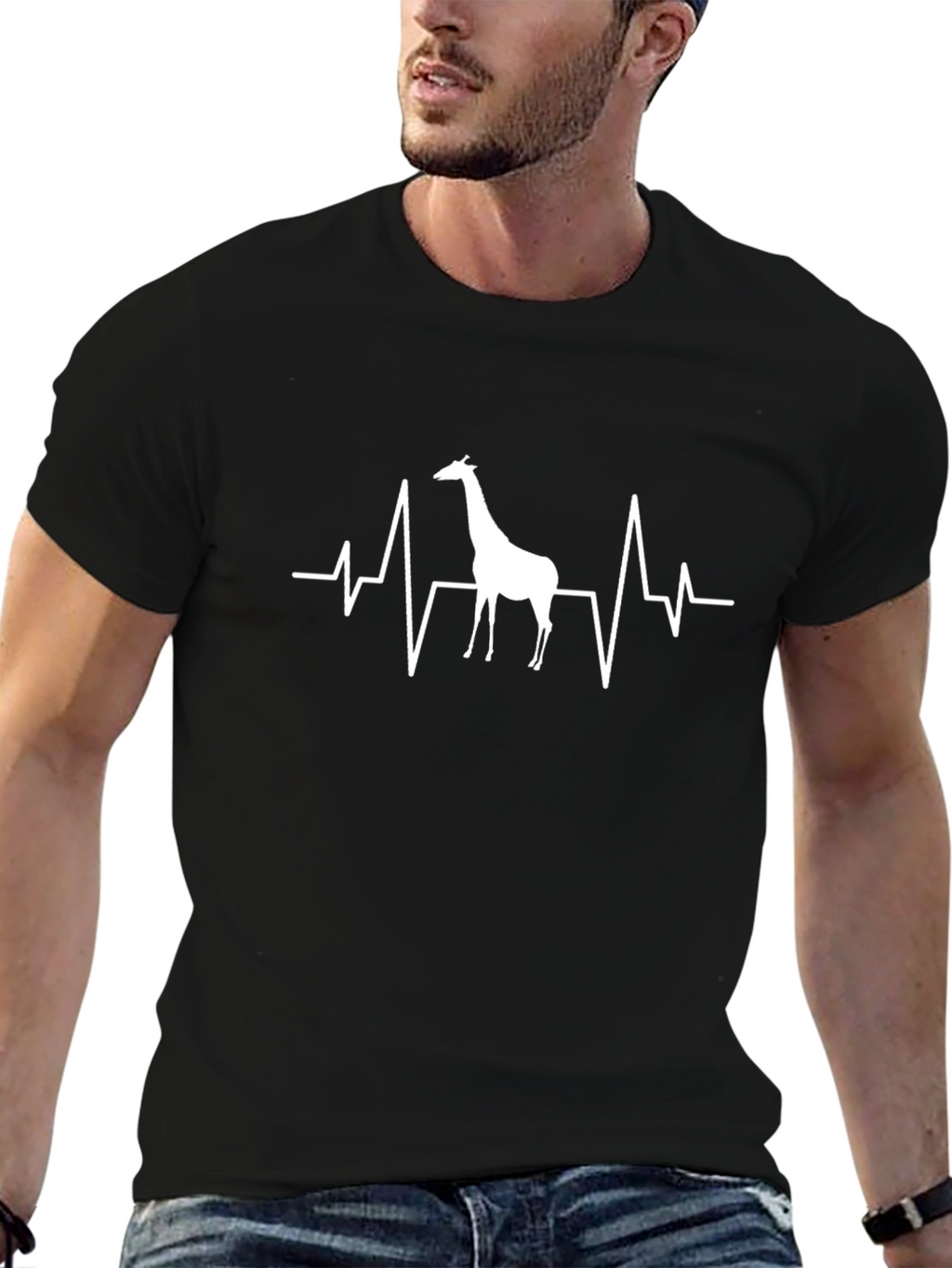 Giraffe Heartbeat Graphic T-Shirt - Black