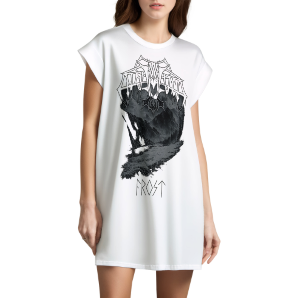 FROST Nordic Black Metal Graphic T-Shirt Dress – Gothic Winter Landscape Oversized Tee for Women(z279)