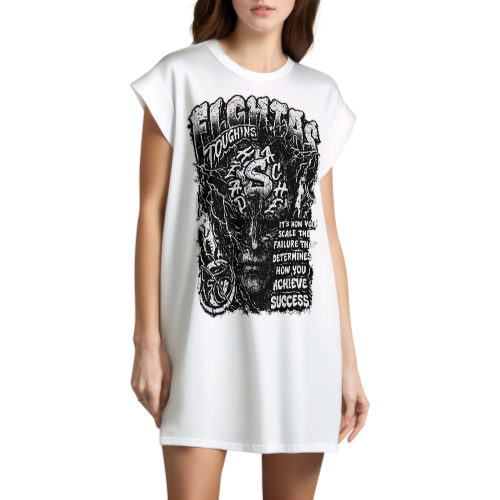 FIGHTAS Toughness Graphic Oversized T-Shirt Dress – Dark Streetwear Gothic Punk Tee for Women(z280)