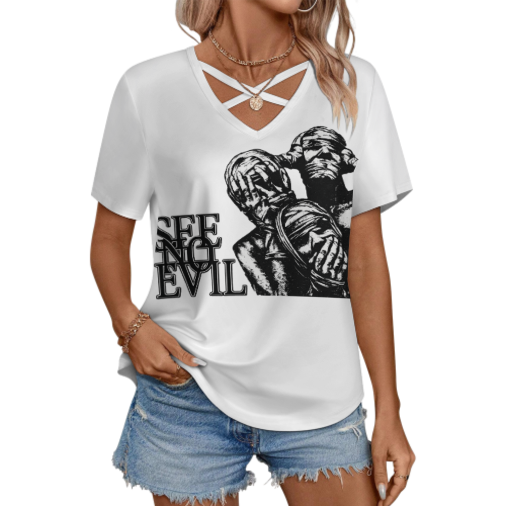 See No Evil Gothic Graphic T-Shirt – Dark Aesthetic Horror Streetwear Tee for Women(z331)