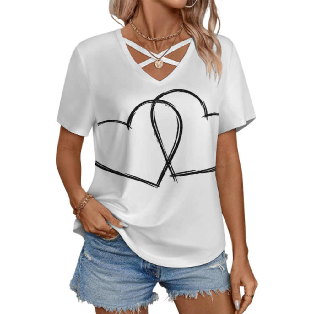 Minimalist Double Heart Line Art T-Shirt – Modern Love Graphic Casual Tee for Women(z337)