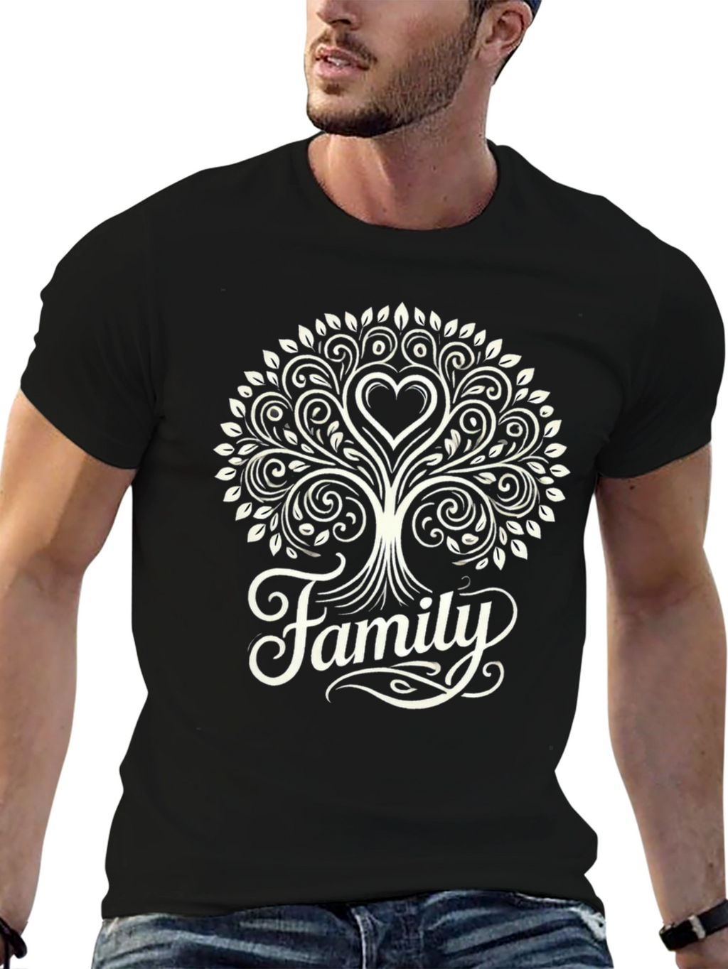 Family Tree Heart Graphic Tee - Black Cotton Blend