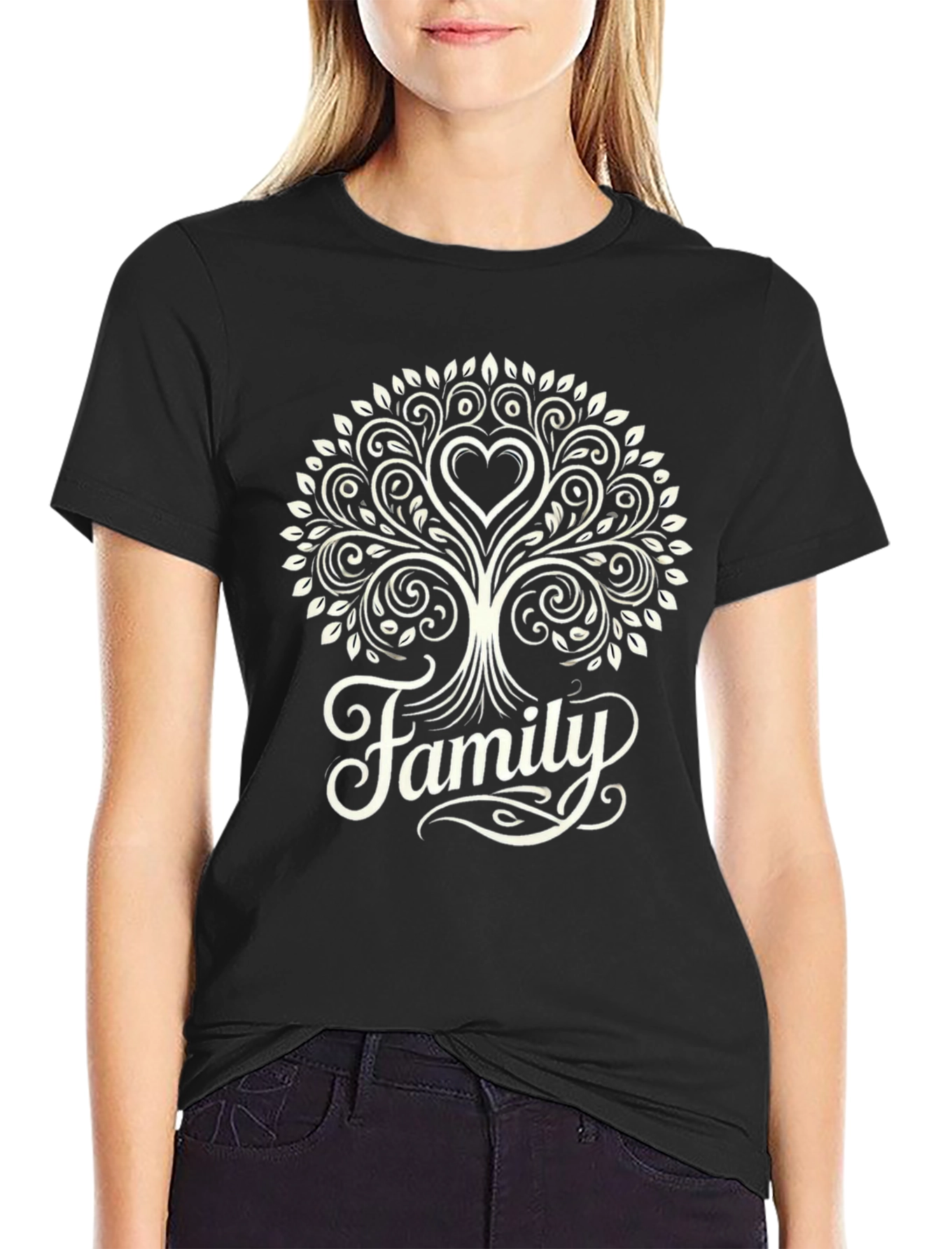 Family Tree Heart Graphic Tee - Black Cotton Blend