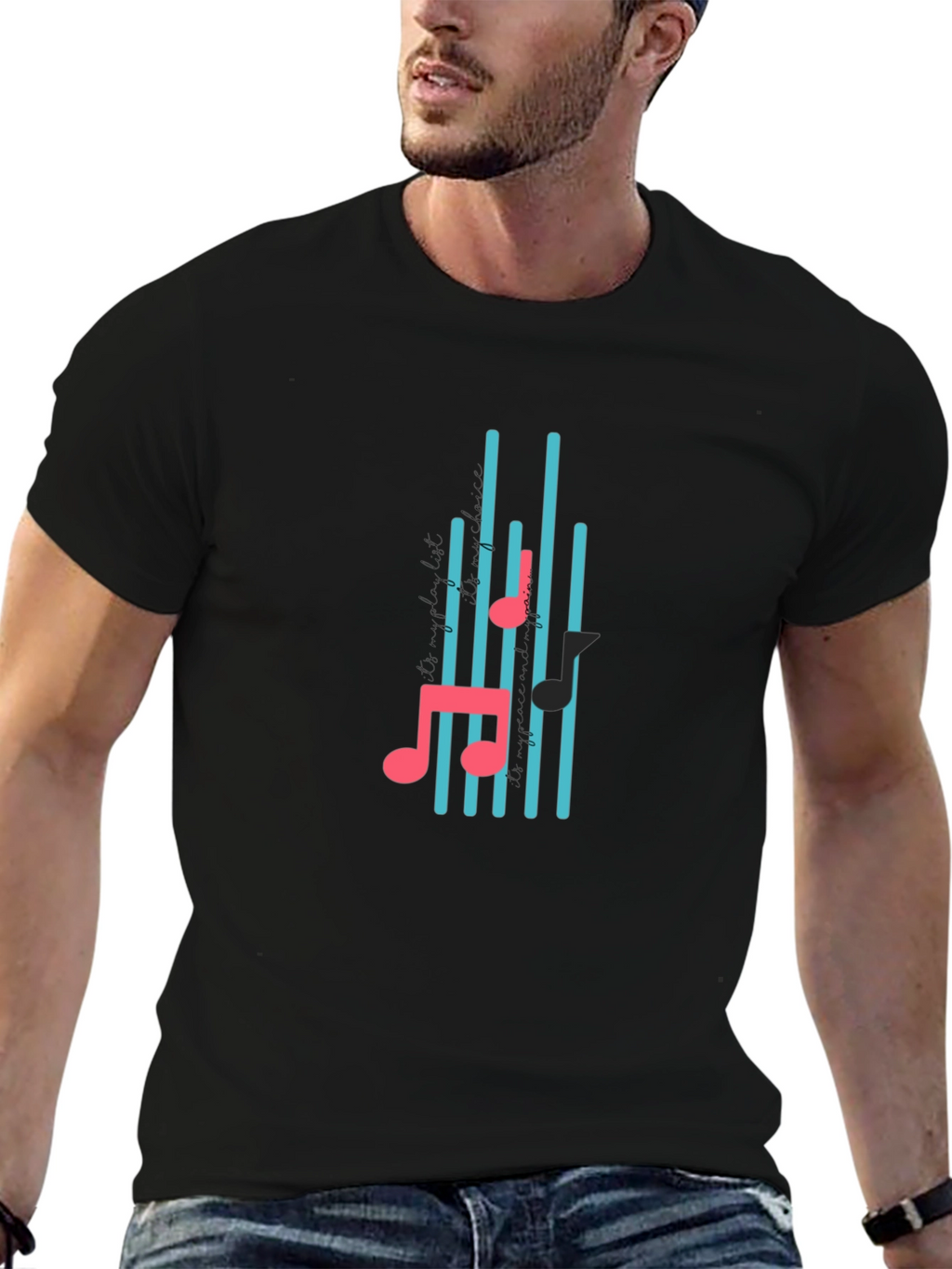 Black T-Shirt with Musical Notes Design