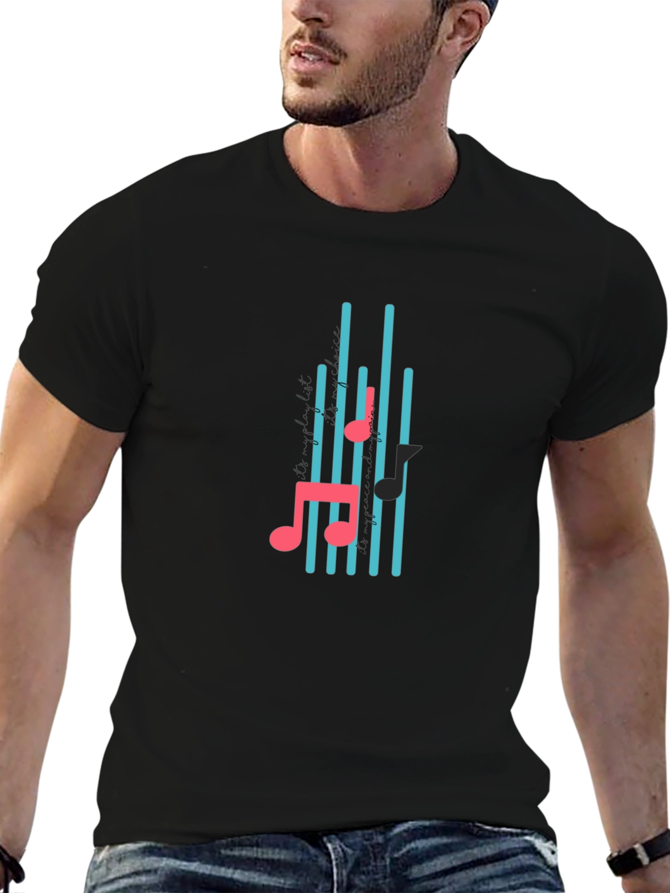 Black T-Shirt with Musical Notes Design