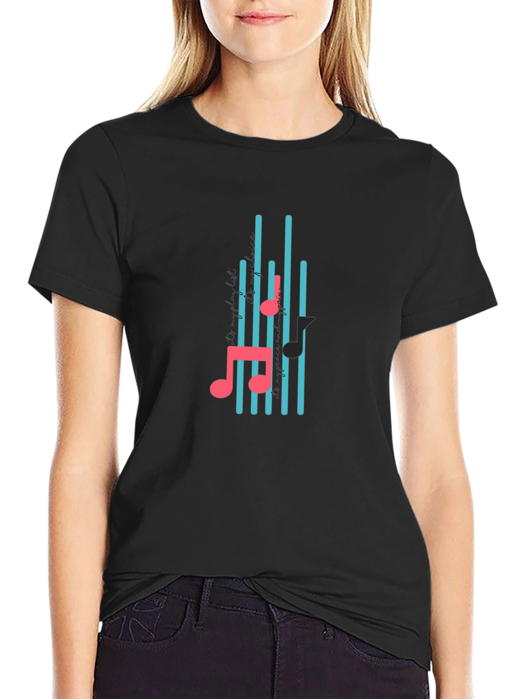 Black T-Shirt with Musical Notes Design