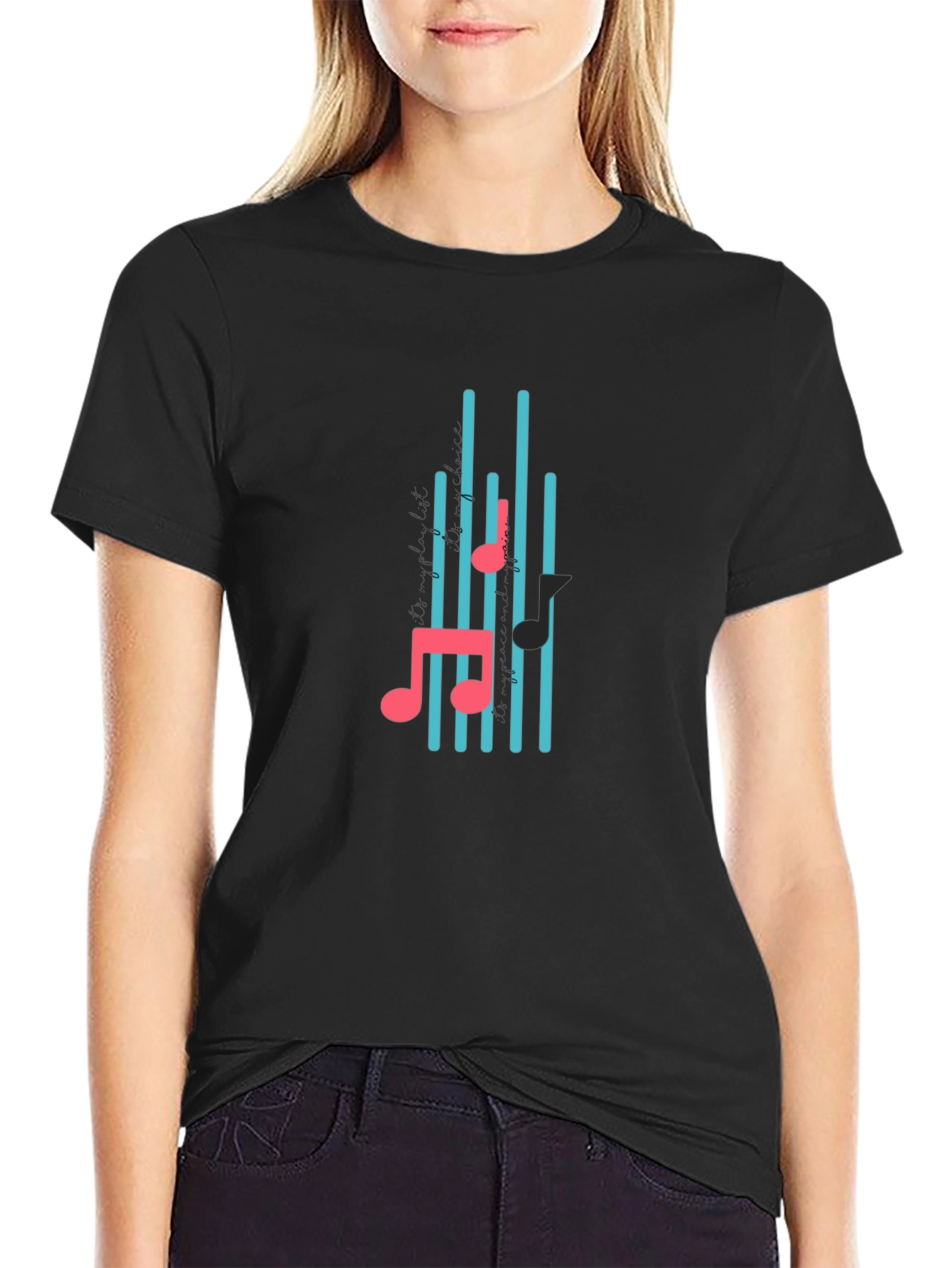 Black T-Shirt with Musical Notes Design
